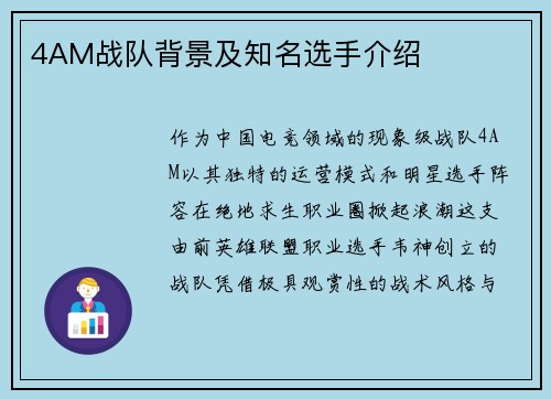 4AM战队背景及知名选手介绍